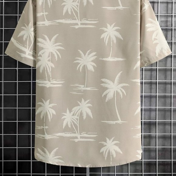 Khaki Vacation Style Men's Palm Print Shirt - Picture 4 of 6